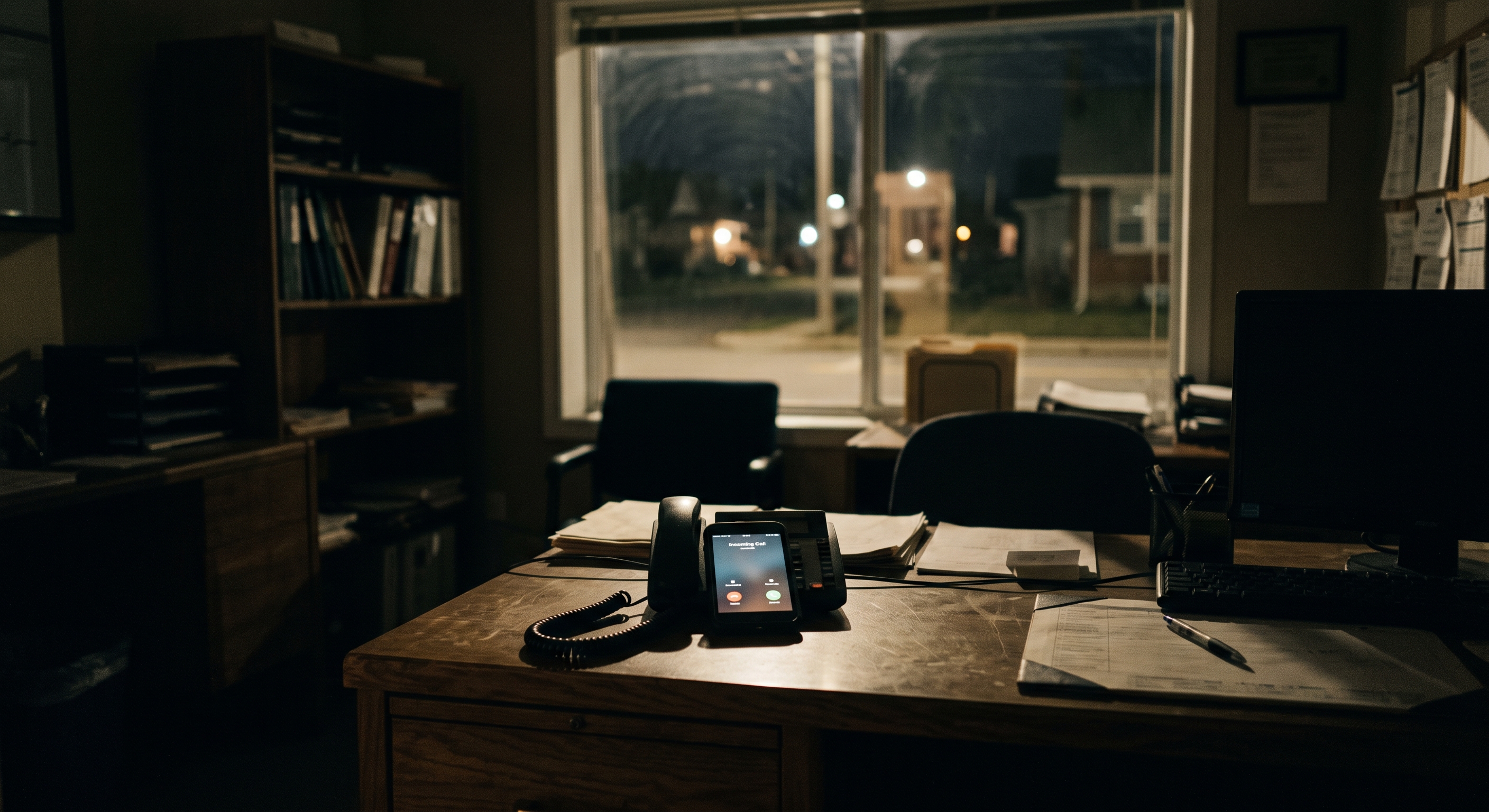 Empty office desk with a ringing phone illuminated at night