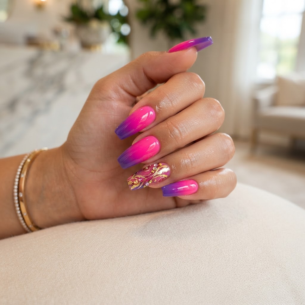 Electric Fuchsia & Gold Leaf Design