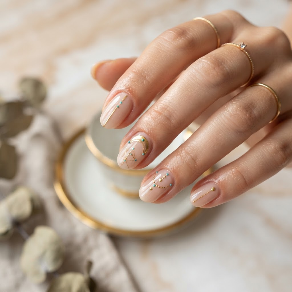 Delicate Gold & Turquoise Nail Art