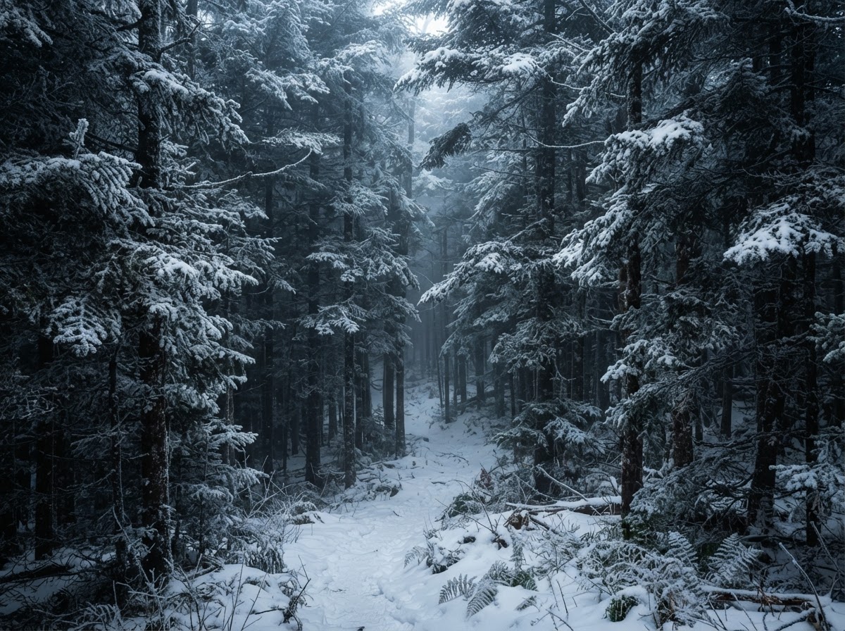 Balsam fir forest in the Vermont Northeast Kingdom after a hard frost