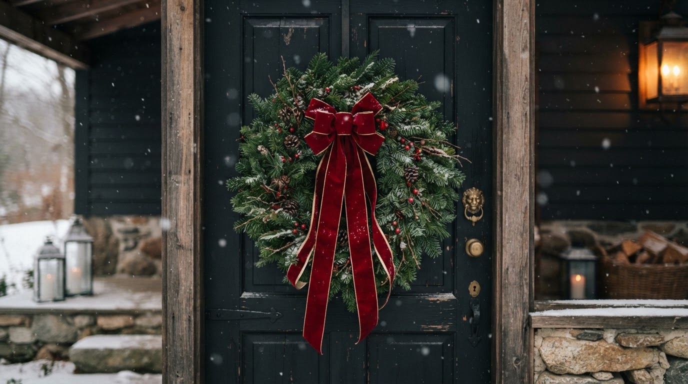 A fresh balsam Christmas wreath with a crimson velvet bow on a black Vermont farmhouse door in light snow