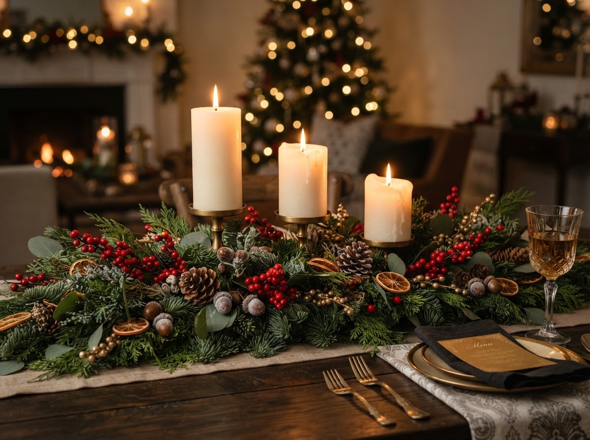 Candle Centerpiece, Single — fresh Vermont balsam wreath