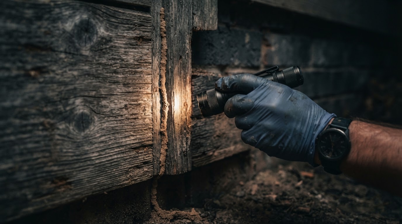 Close-up of a pest control technician inspecting weathered Texas Gulf Coast wood for termite activity