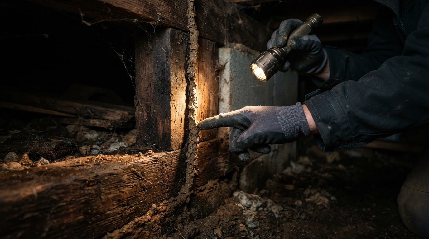 Technician inspecting a wooden foundation and crawlspace for termite activity
