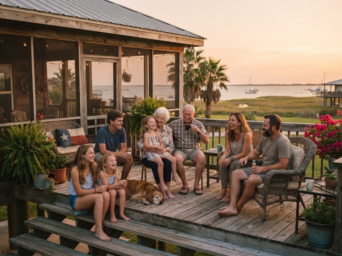 A family relaxing on the porch of a Gulf Coast home
