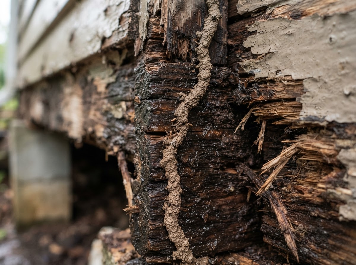 Close-up of termite mud tubes climbing a weathered Texas Gulf Coast home foundation — a sign of hidden pest activity