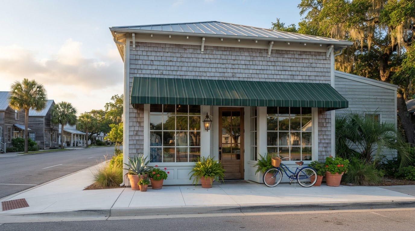 A commercial building storefront in a Texas Gulf Coast town