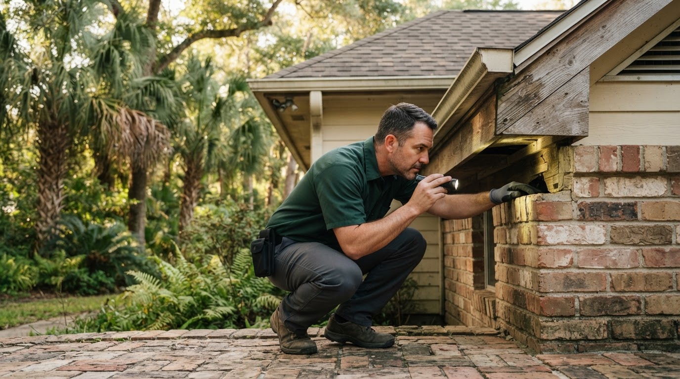 Pest control technician inspecting a home foundation and roofline for rat entry points in Hitchcock, Texas