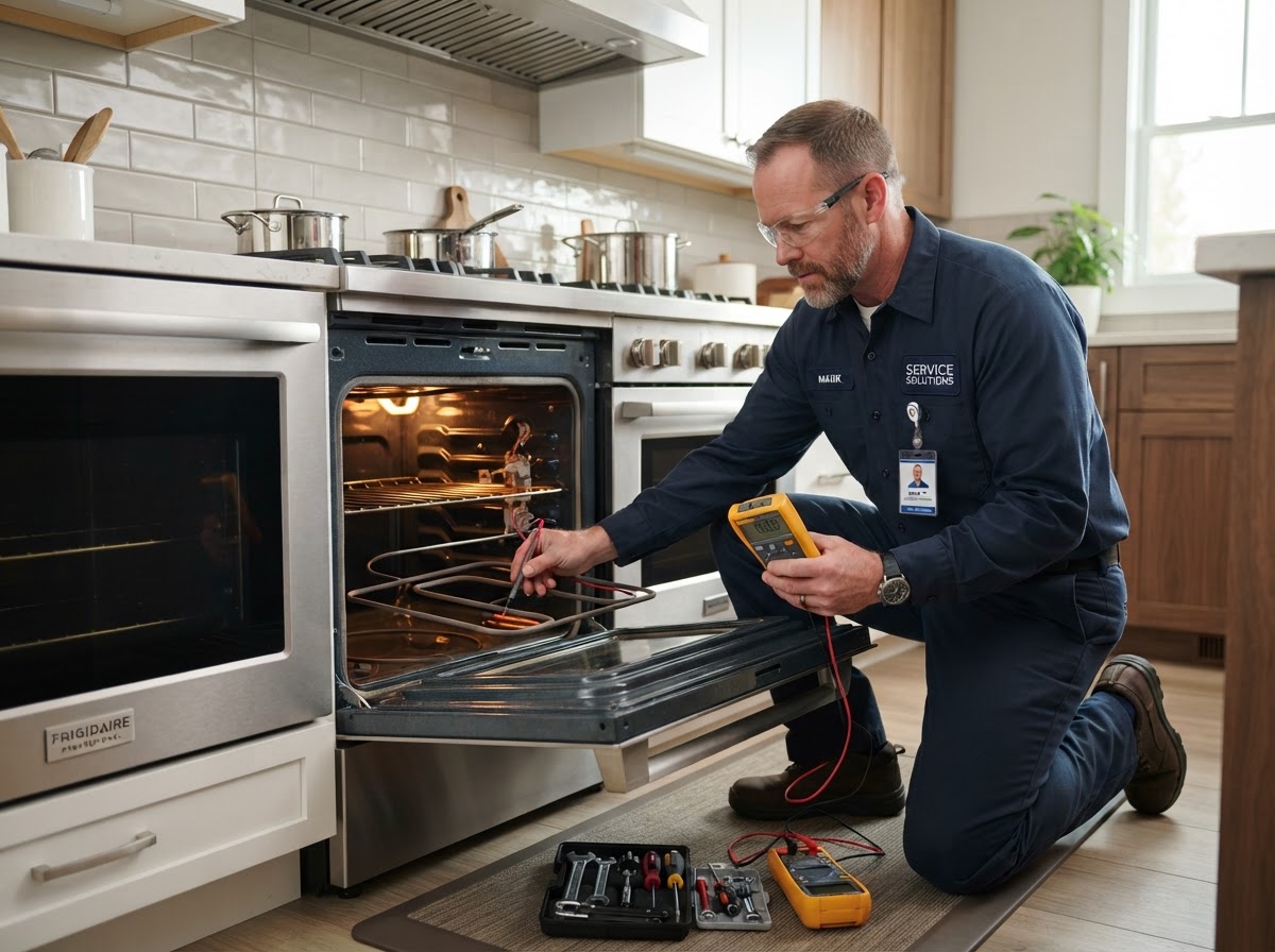 Oven and cooktop repair technician testing a heating element with a multimeter in Millcreek, UT
