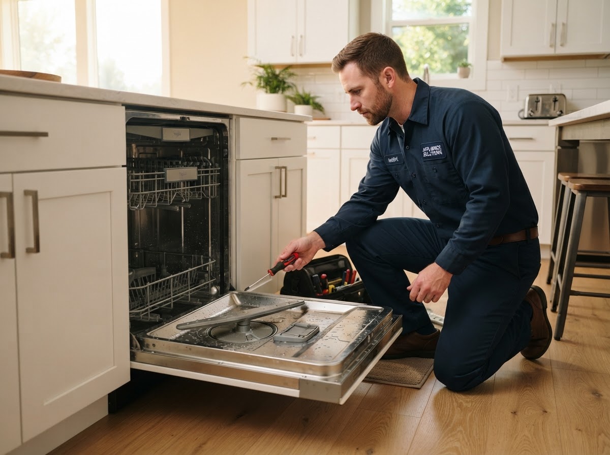 Dishwasher repair technician cleaning the spray arm and filter of a built-in dishwasher in Millcreek, UT