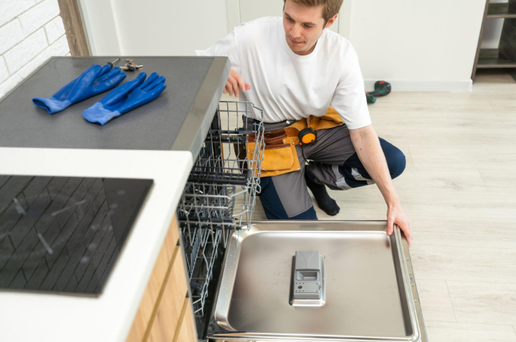 Technician kneeling beside an open dishwasher in a bright kitchen during an appliance repair service in Millcreek, UT