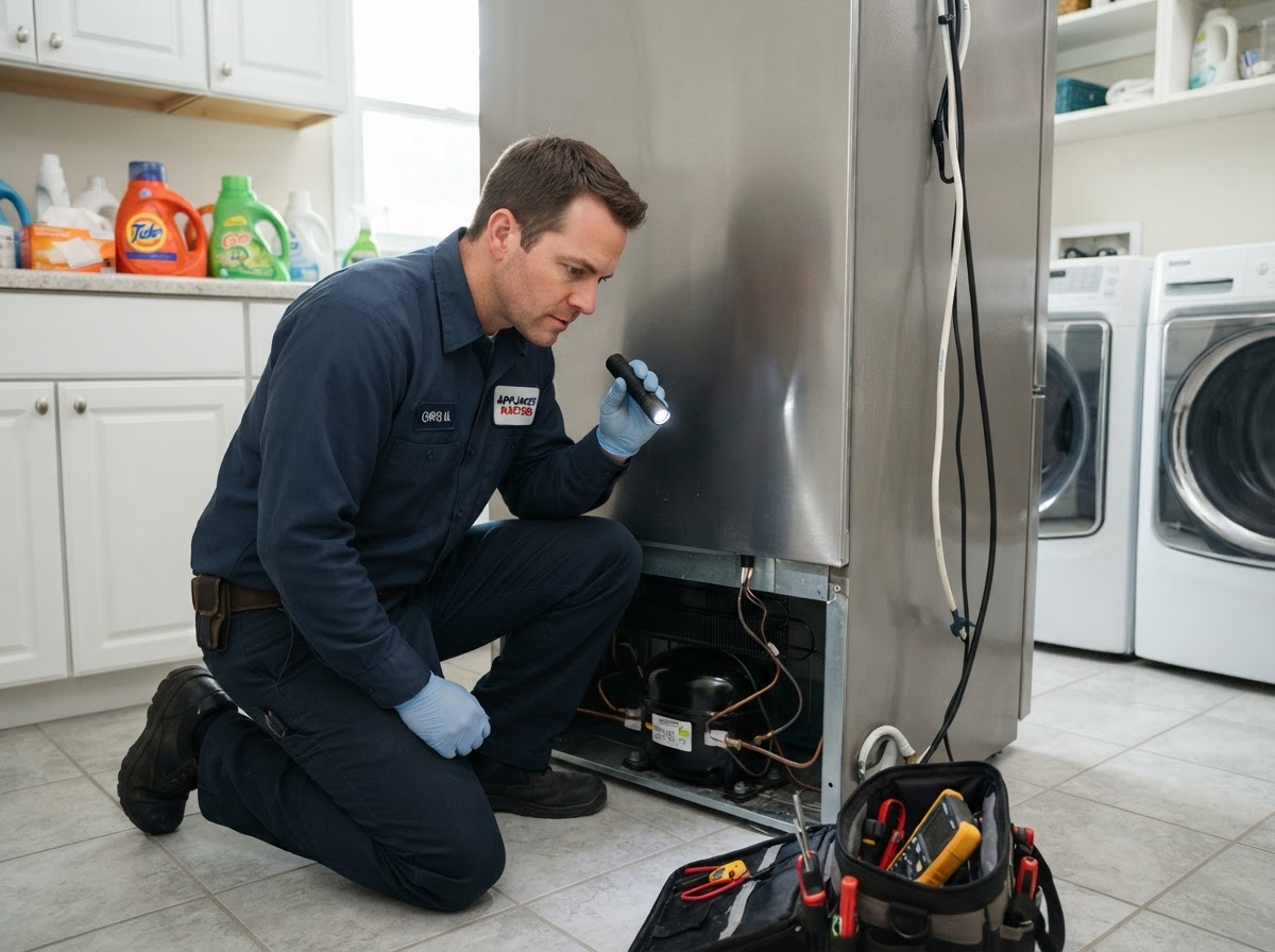 Refrigerator repair technician inspecting the lower compressor compartment of a French-door fridge in Millcreek, UT