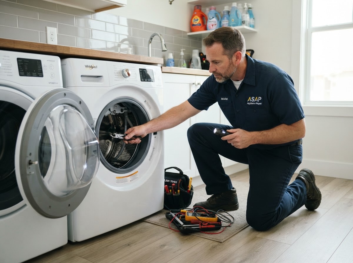 Washer and dryer repair technician servicing a front-load washing machine drum in Millcreek, UT