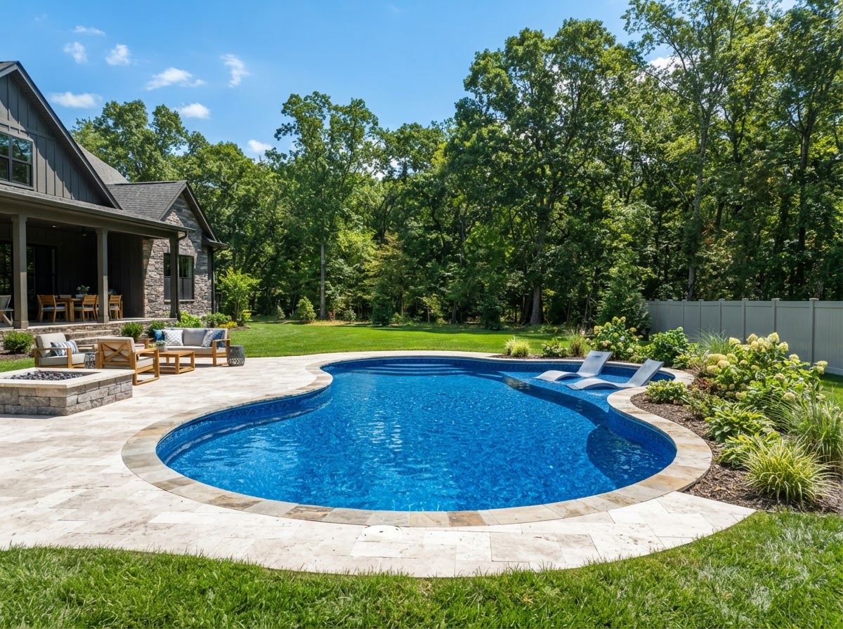 Vinyl liner swimming pool with deep blue water