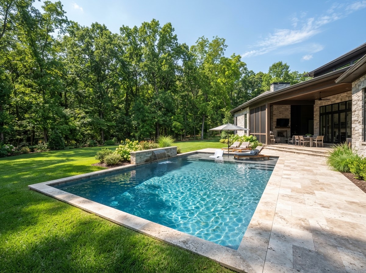Travertine pool coping and paver decking along clear pool water