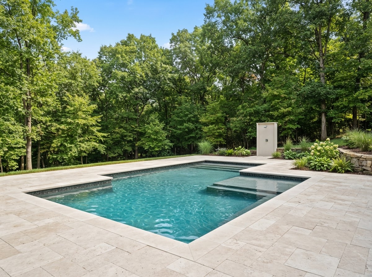 Renovated swimming pool with travertine stone surround and clear water