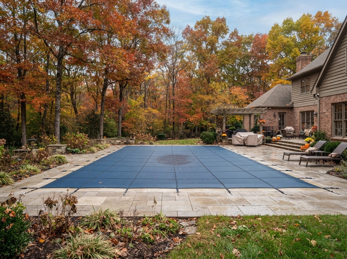 Residential swimming pool with a fitted winter safety cover in a Tennessee backyard