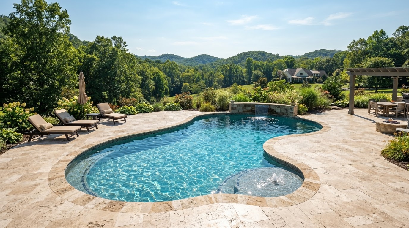 Sunny daytime swimming pool with travertine coping and clear water