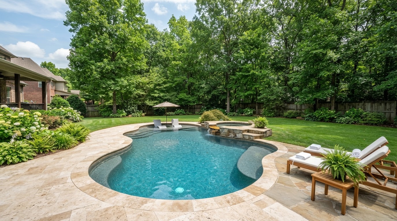 Swimming pool with travertine coping and clear water