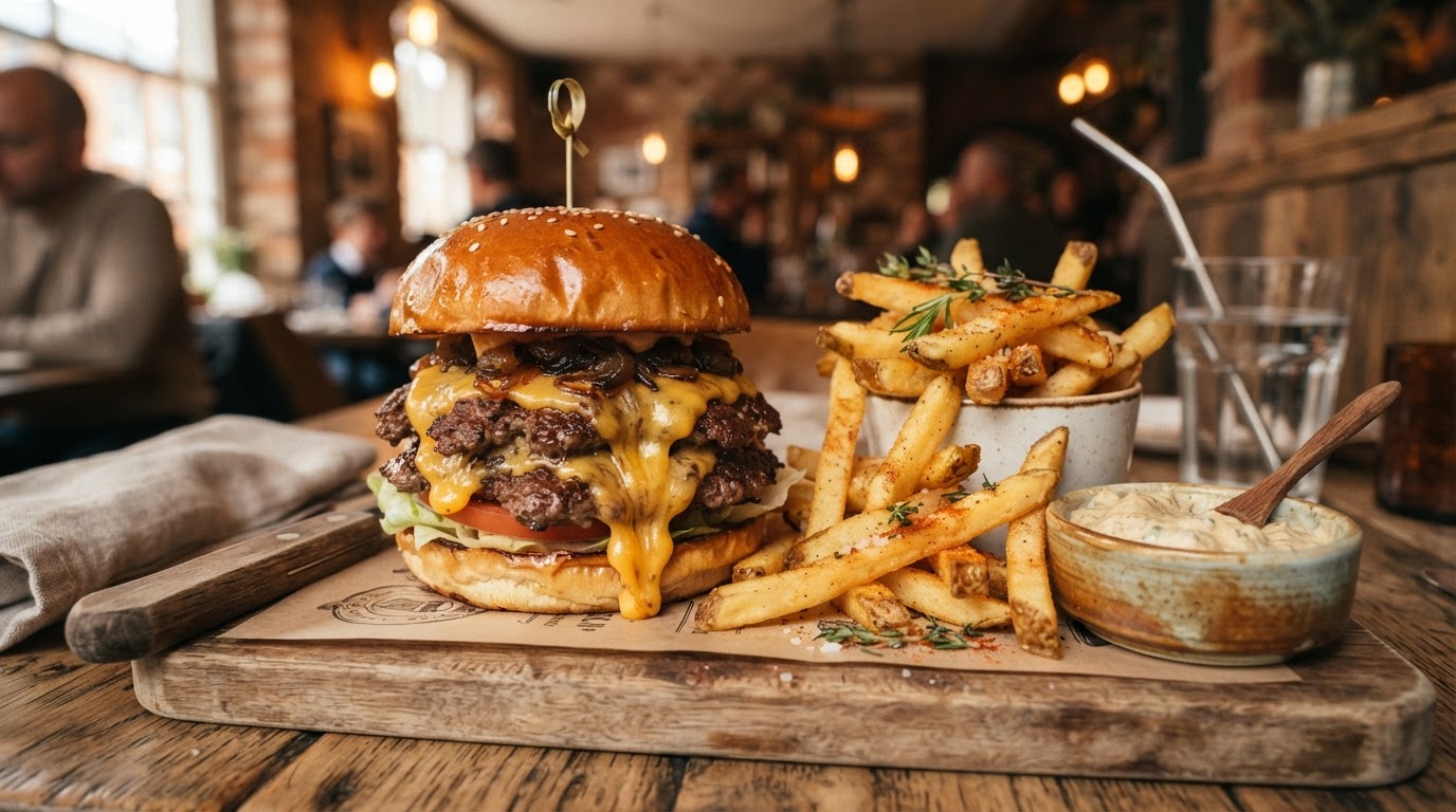 Burger signature Chez Baraka avec sauce au fromage