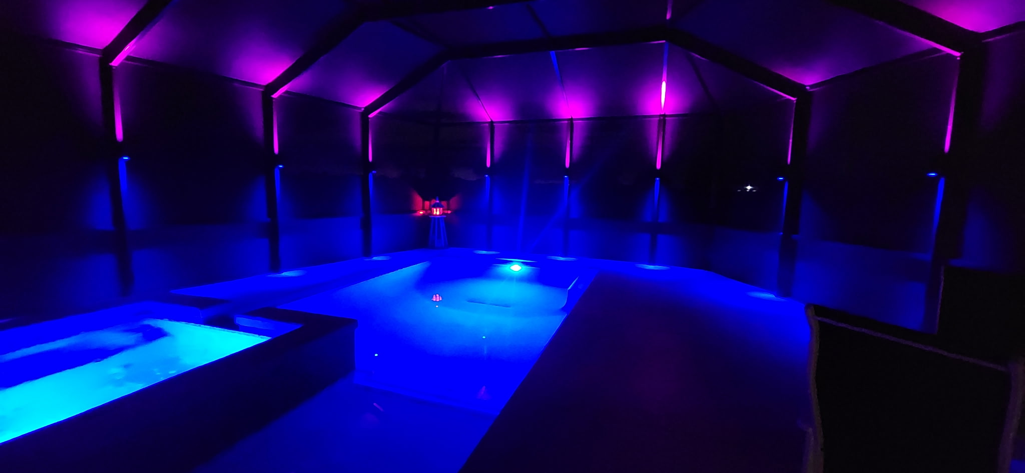 Favorite Photo Of The Month - Enclosed swimming pool and spa with vibrant magenta architectural beams and electric blue night lighting in Brevard County