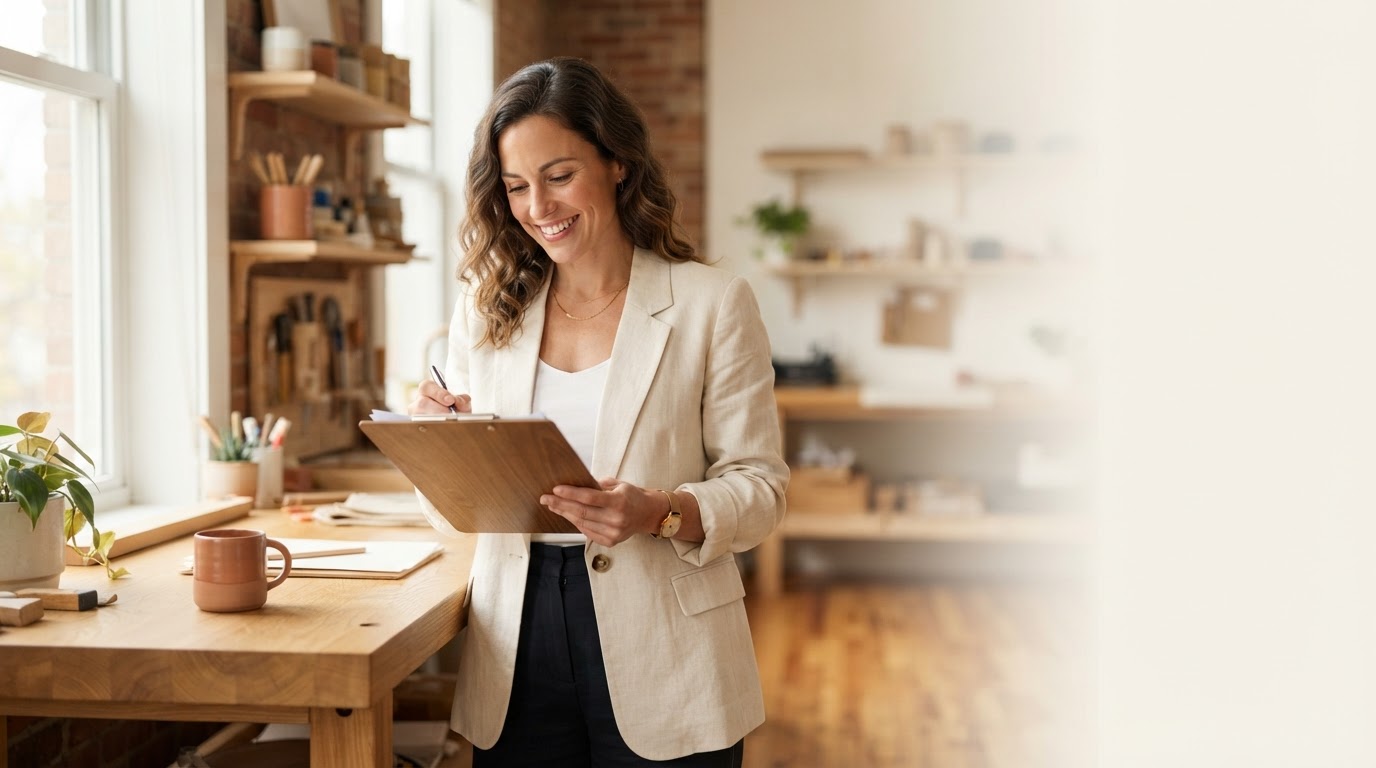Confident small business owner reviewing operations in a bright modern workspace