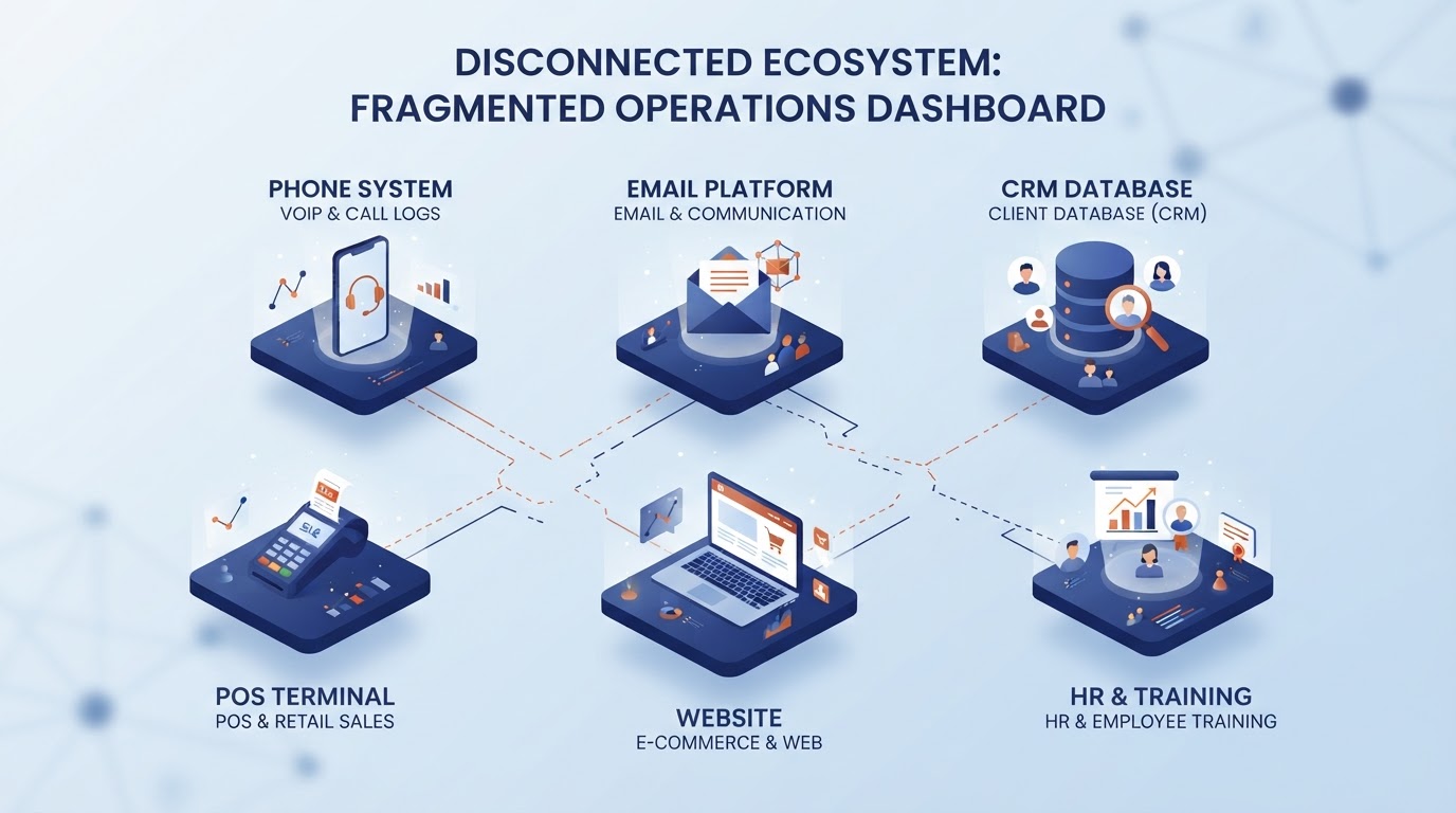 Disconnected Main Street business systems: phone, email, POS, CRM, website, and HR training operating as separate islands