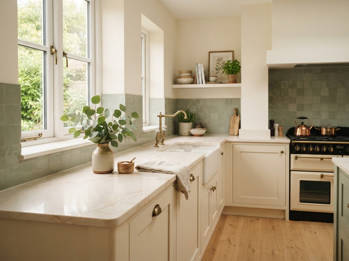 A clean, bright kitchen with sage green accents and fresh eucalyptus