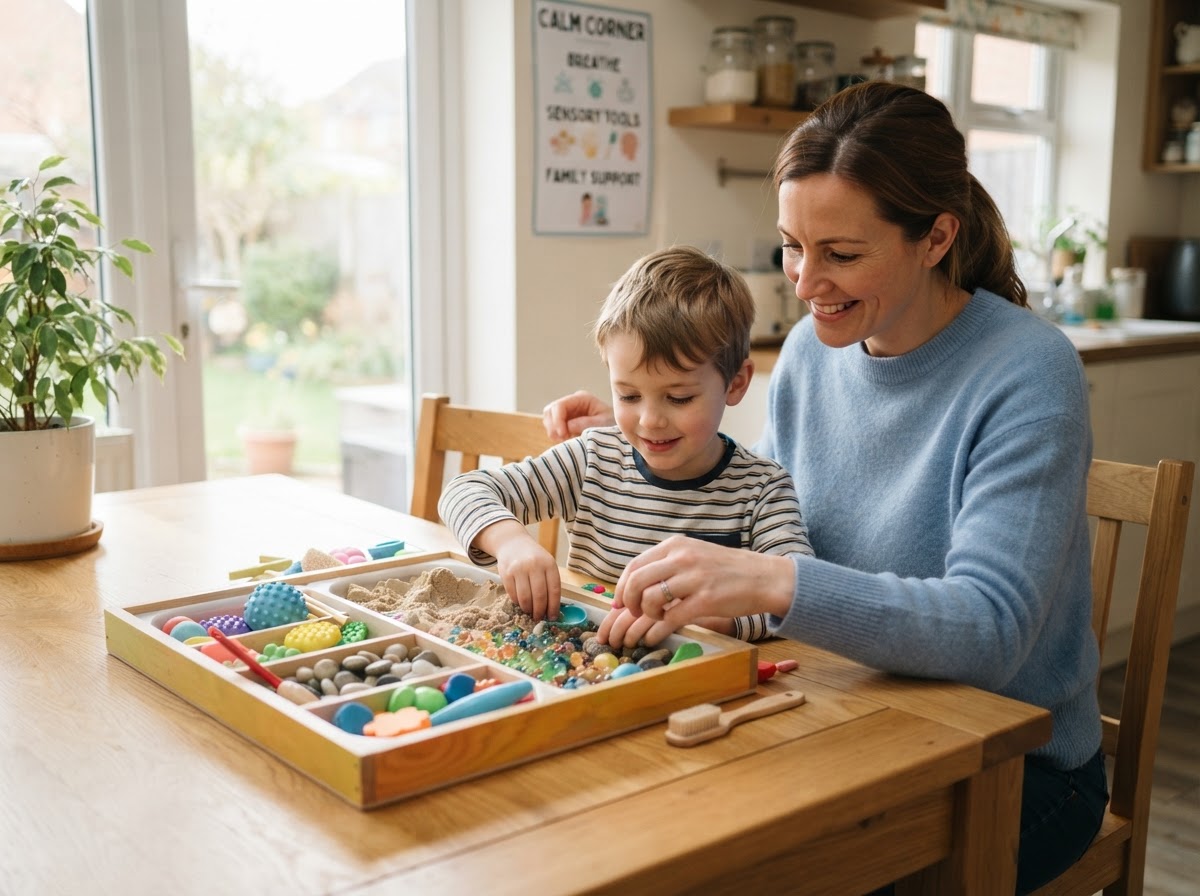 Parent supporting a child in sensory play