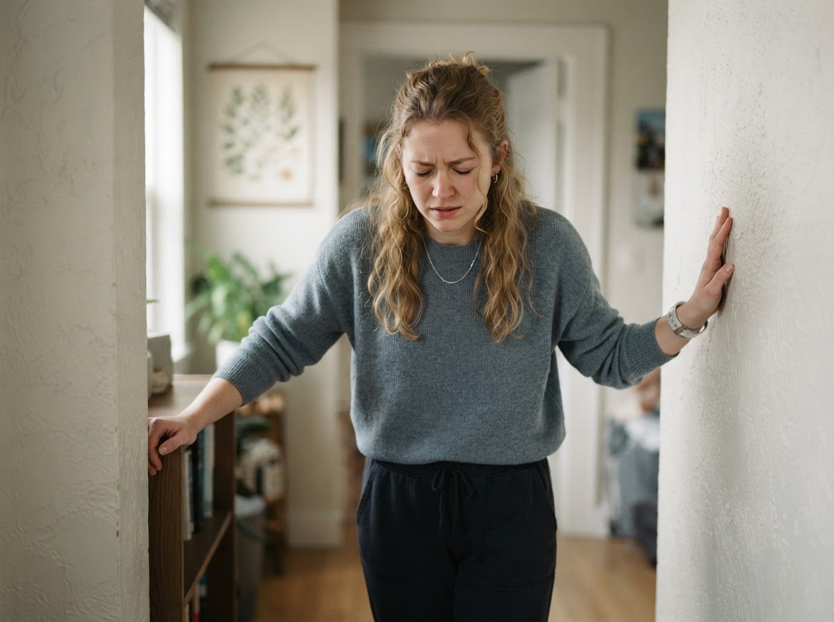 Young woman lightheaded and dizzy while standing