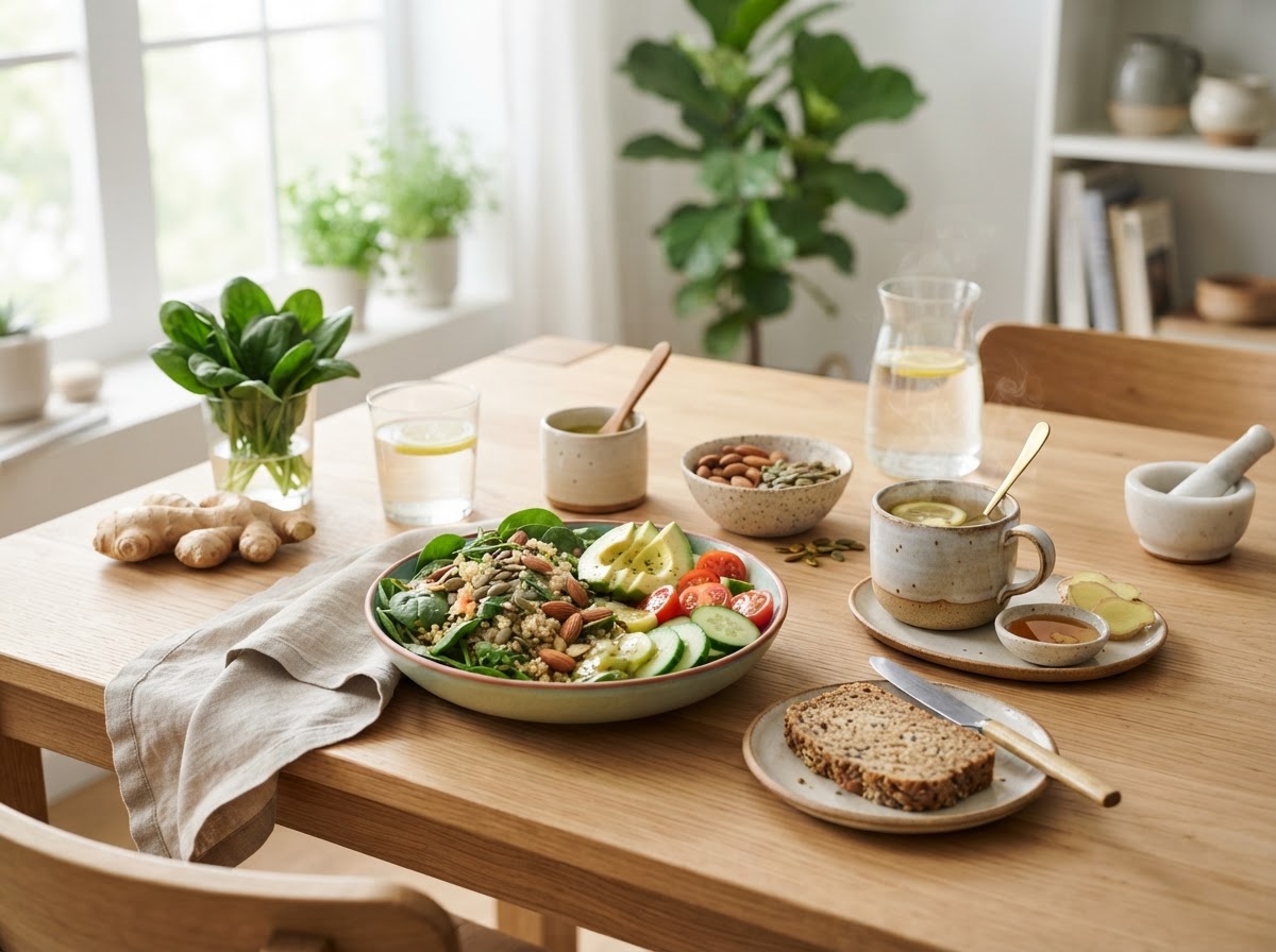 Magnesium-rich spinach, almonds, pumpkin seeds and ginger tea