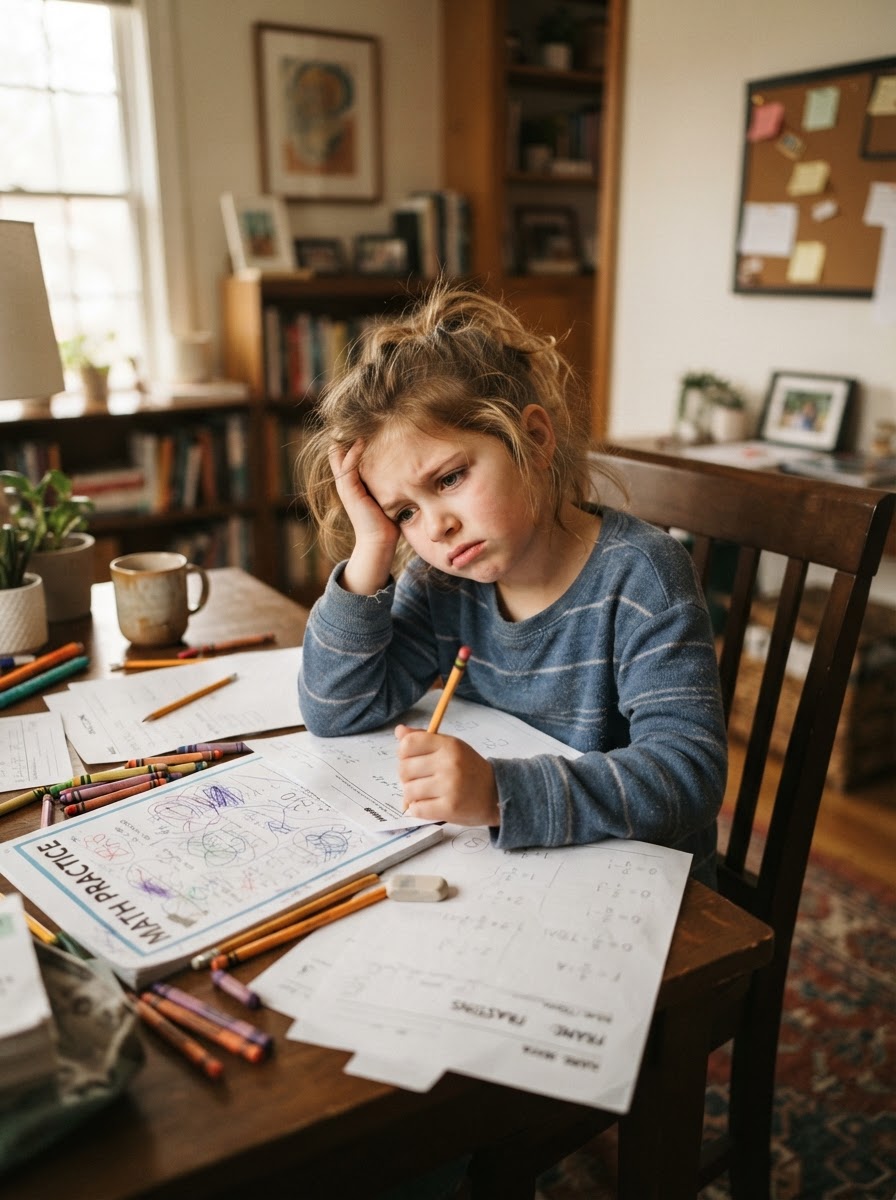 Child struggling to focus on homework, looking overwhelmed at a desk