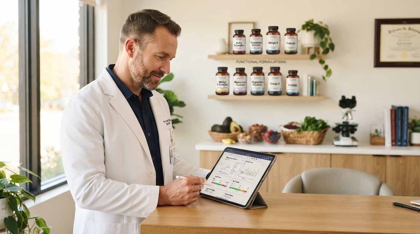 Functional medicine practitioner reviewing advanced lab panels with whole foods and microscope in a bright clinic