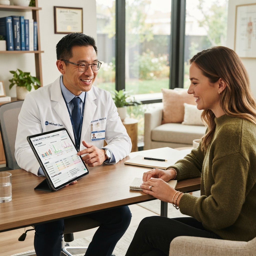 Male functional medicine practitioner reviewing comprehensive lab results with a patient