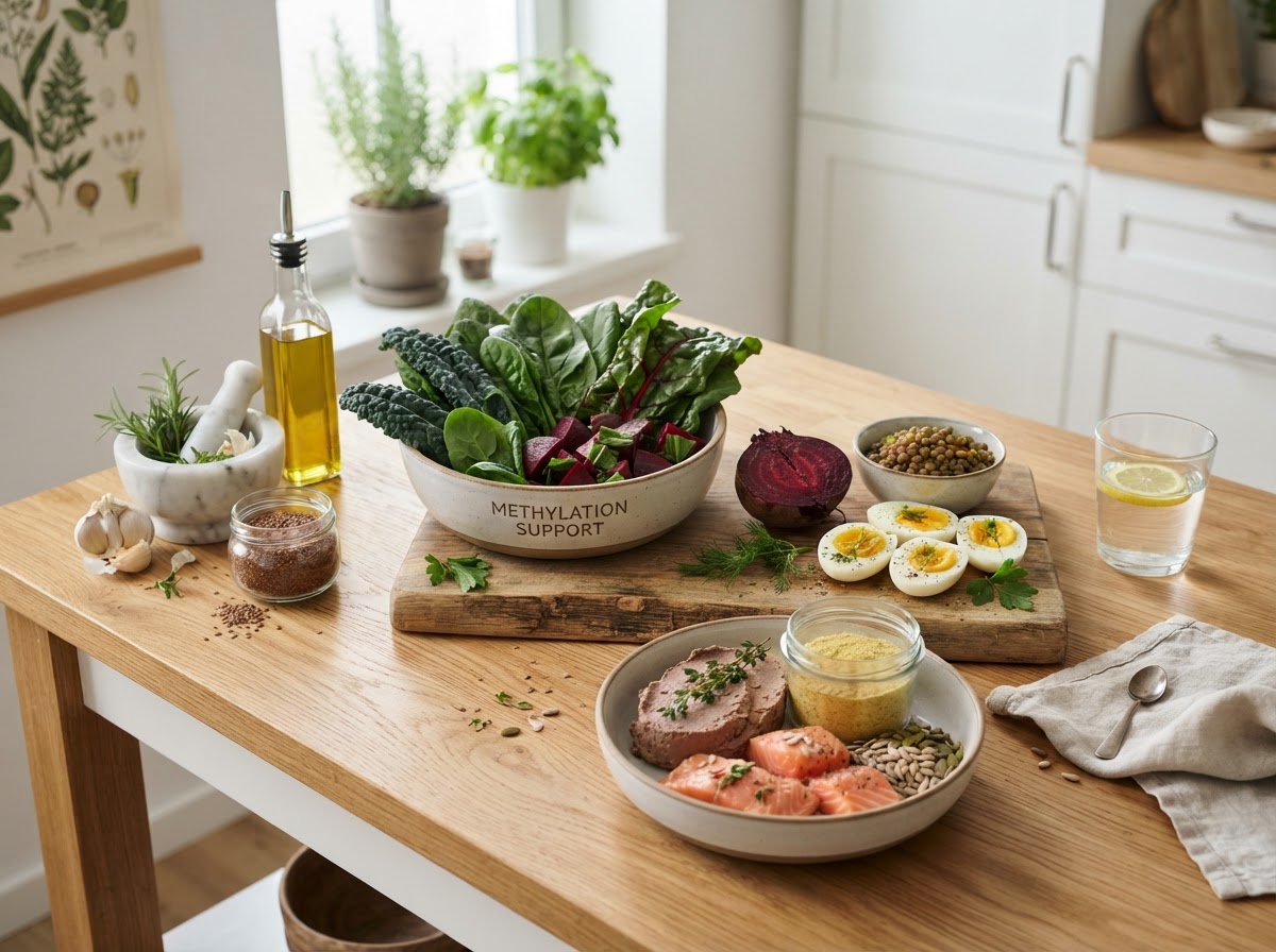 Folate-rich leafy greens, beets, lentils and eggs for methylation