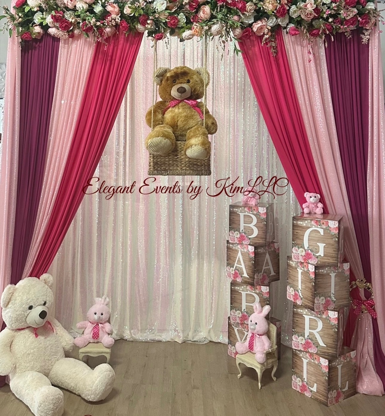 Baby Girl Teddy & Blossom Backdrop Wall