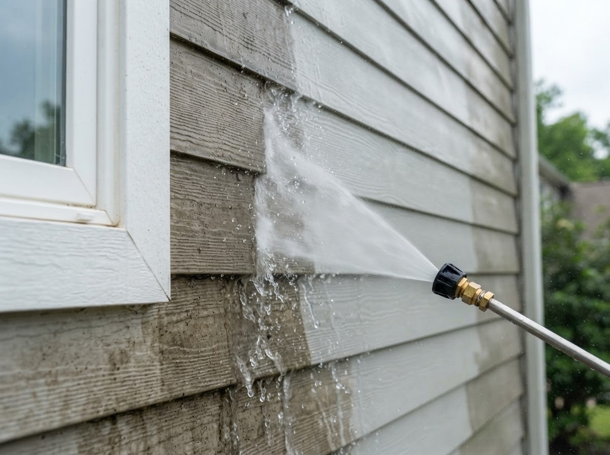 Pressure-washer spray cleaning dirt from residential siding