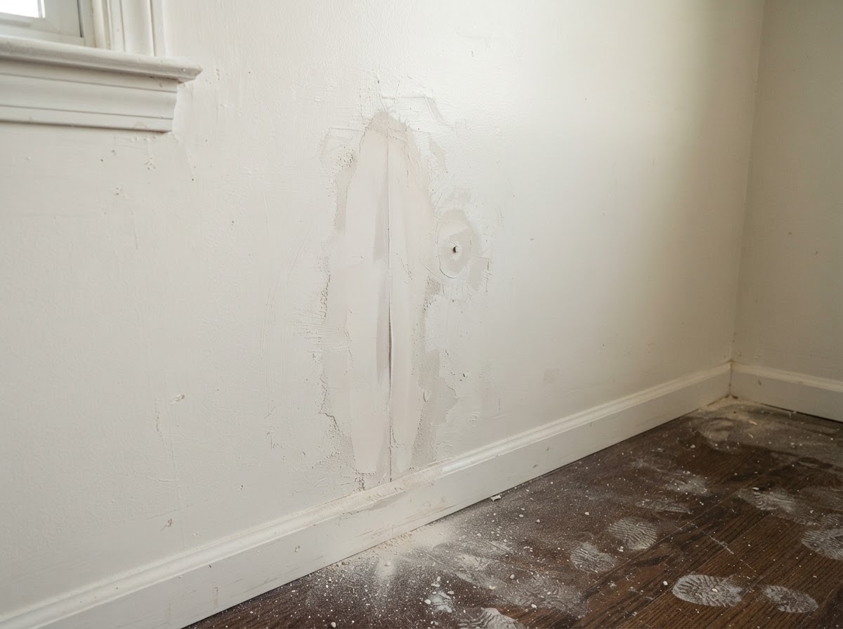 Drywall repair in progress showing a freshly patched and sanded wall area being prepared for painting