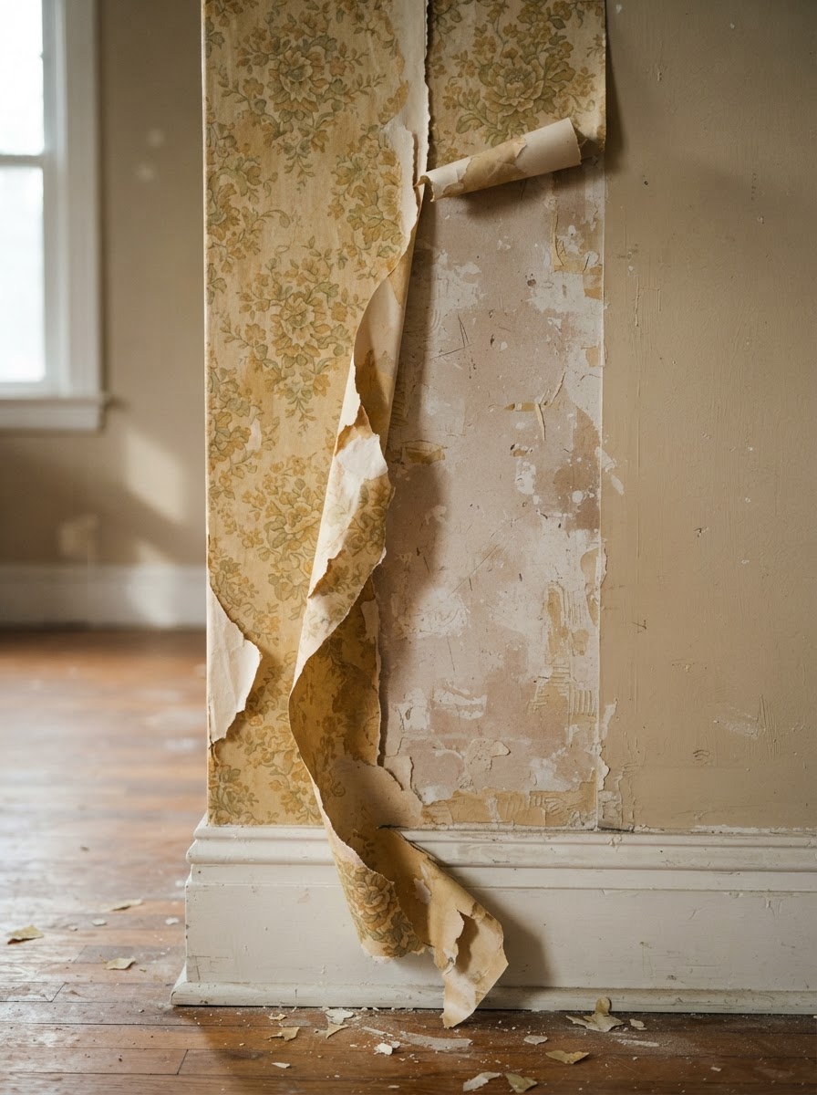 Wallpaper removal in progress with a partially peeled strip revealing the wall surface being prepared for painting