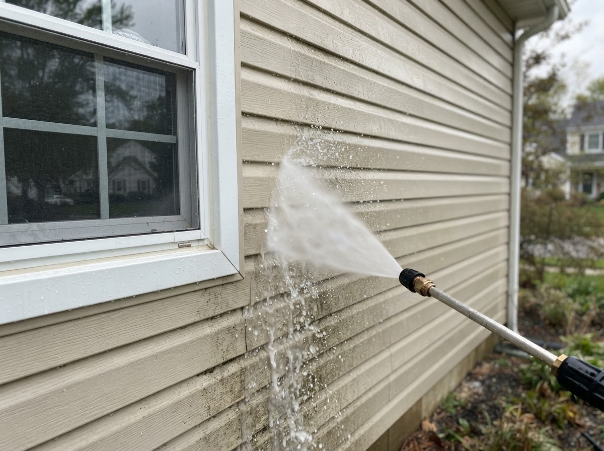 Pressure washing cleaning dirt and loose coating from residential siding before exterior painting