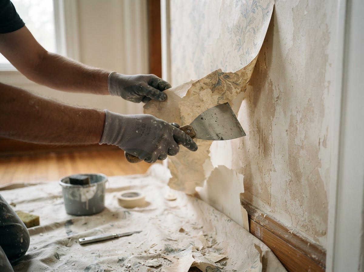 Gloved professional removing residential wallpaper with a metal scraper