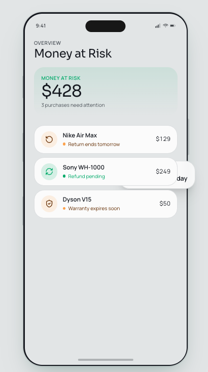 SAVIYO iPhone app showing Money at Risk dashboard with $428 tracked across active purchases