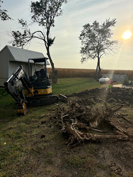 Compact excavator beside a tree stump and root ball removed on a Northeast Kansas farm