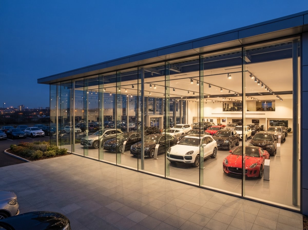 Modern car dealership showroom at blue hour