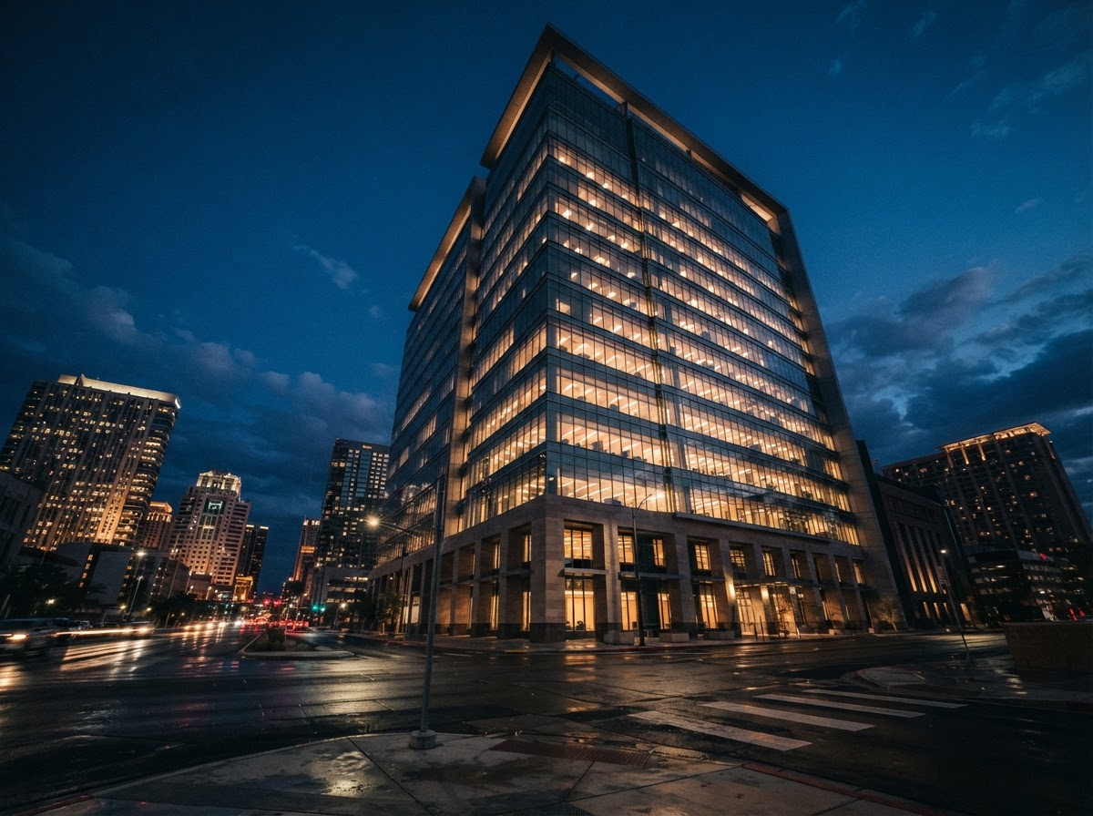 Las Vegas legal district and courthouse at dusk