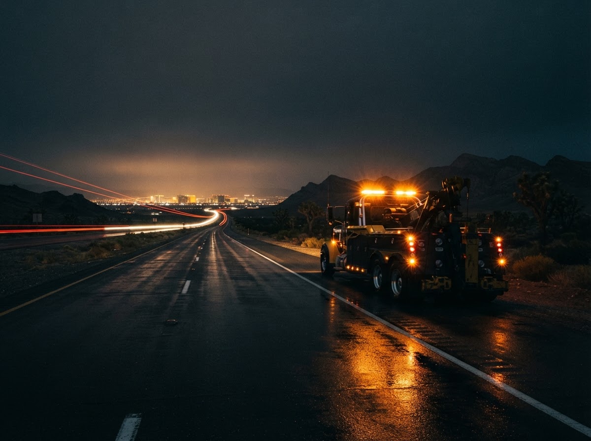 Tow truck with amber lights on a desert highway at night