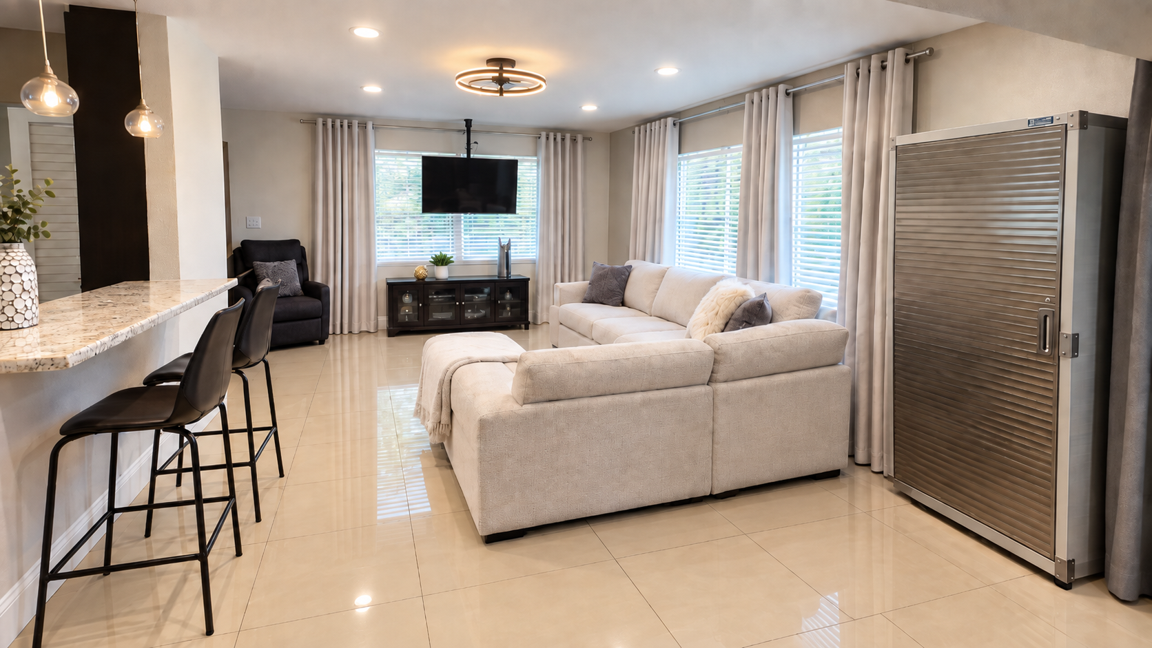 Furnished living room in The Reventra shared-living home