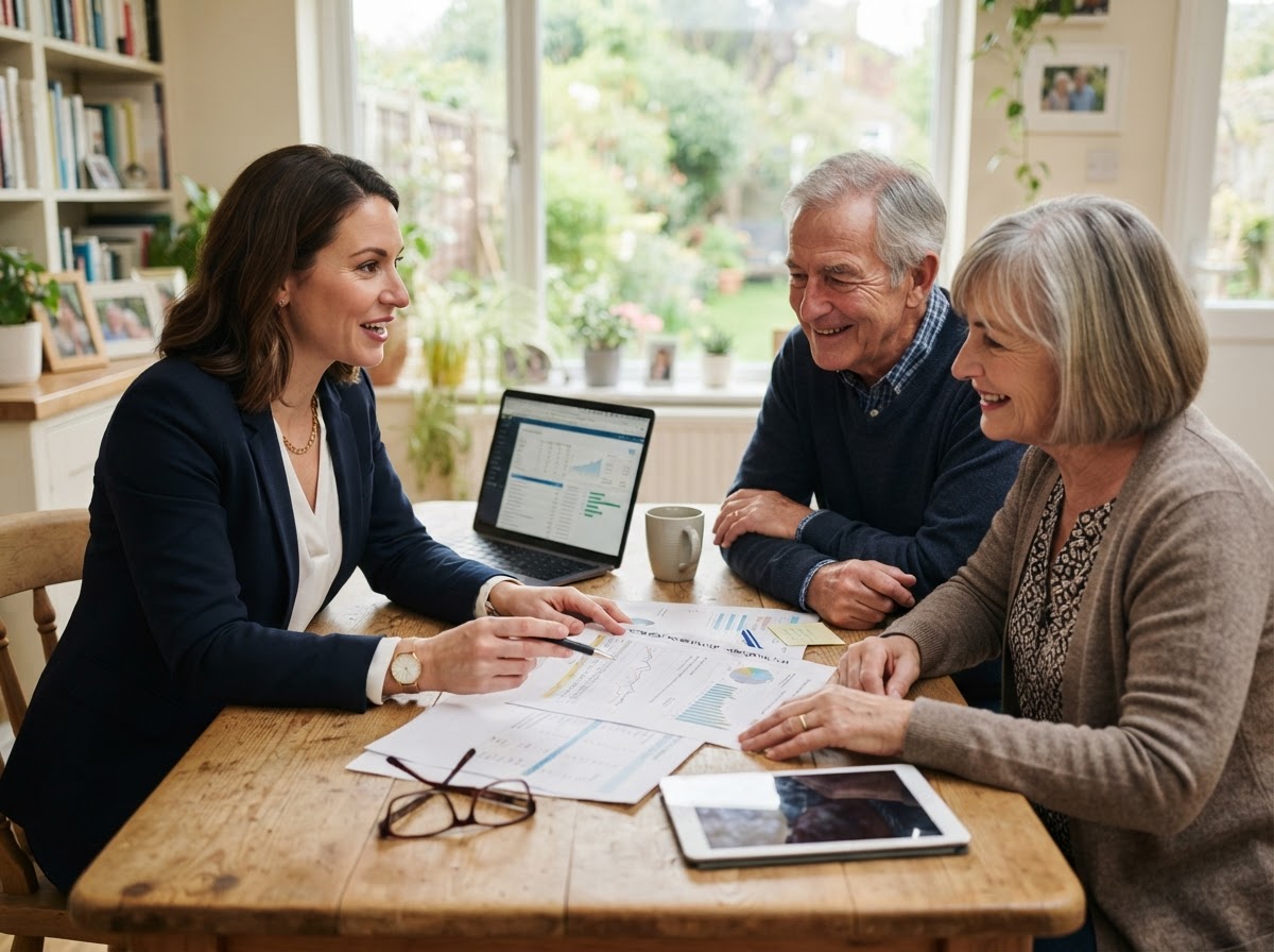 A BCA advisor meeting one-on-one with a retired couple to review retirement planning