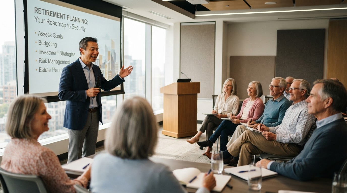 A BCA advisor presenting retirement education to an attentive seminar audience
