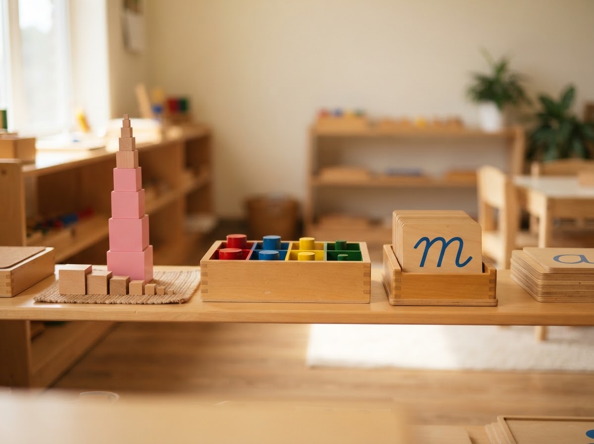Authentic Montessori learning materials arranged on a low shelf